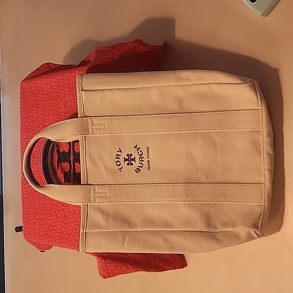 Tory Burch Canvas Mercer St. Tote in cream and navy blue (new without tags)